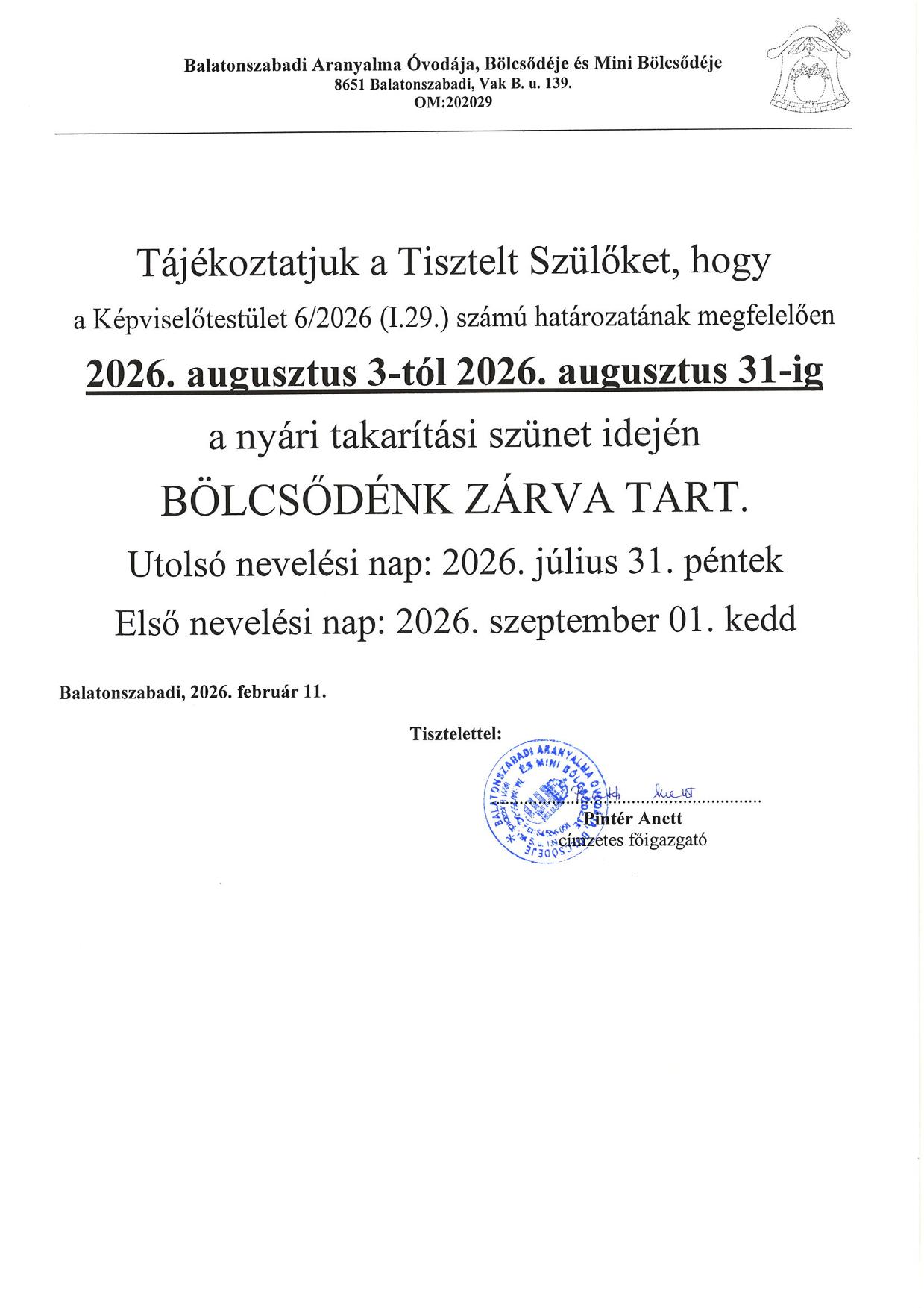 Nyári zárva tartás bölcsőde 2026 1